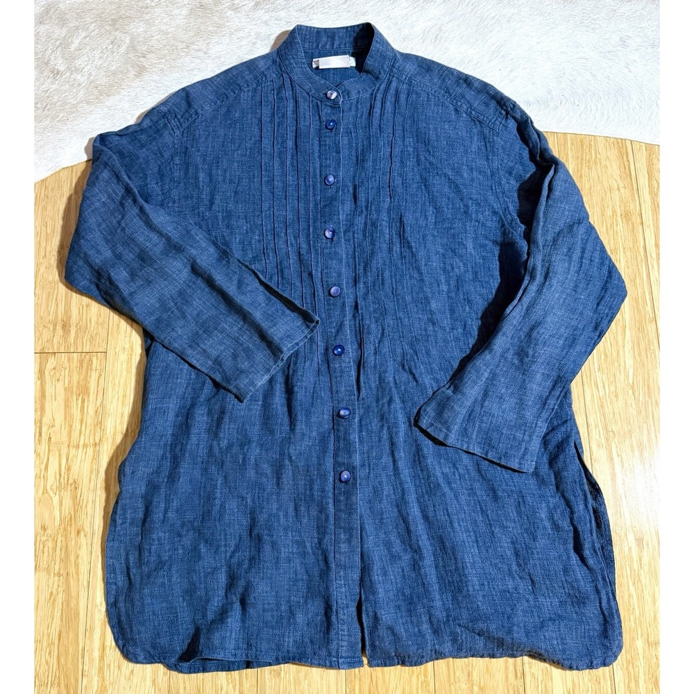 Jaeger Blue Shinny Button Down Pleated 100% Linen Blouse Long Sleeve Size Small